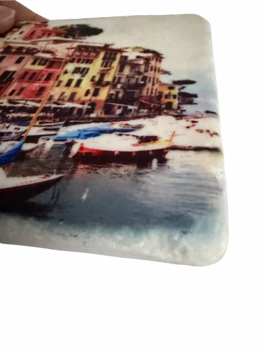 MollyCoddle Tumbled Marble Coaster Cork Back Italy Harbor Scene Ribbon